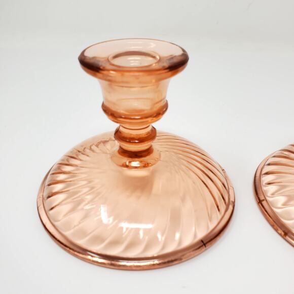 Vtg Pink Heavy Depression Glass Candlestick Holder Swirl Pattern Set of 2 - Picture 3 of 7